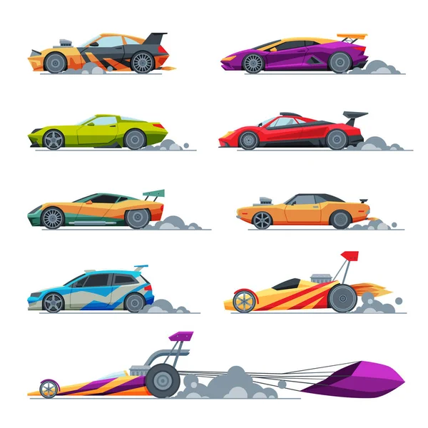 Sport Racing Cars Collection, Side View, Fast Motor Racing Modern and Retro Vehicles Vector Illustration — Stock Vector