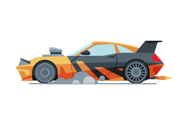 Voiture de course sportive noire et orange, vue latérale, illustration vectorielle bolide de course automobile rapide — Image vectorielle