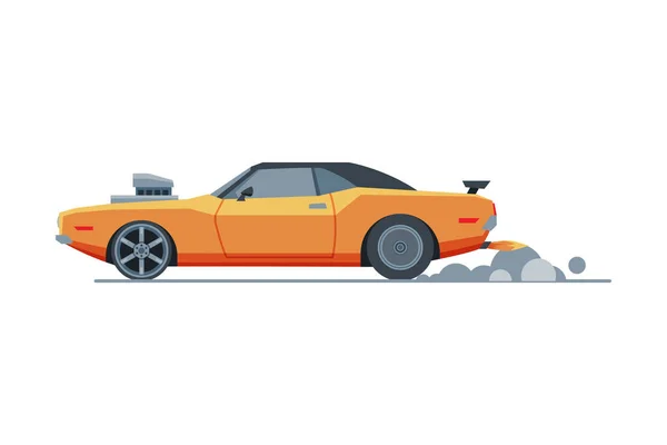 Oranje Sport Racing Auto, Zijaanzicht, Retro Fast Motor Racing Voertuig Vector Illustratie — Stockvector