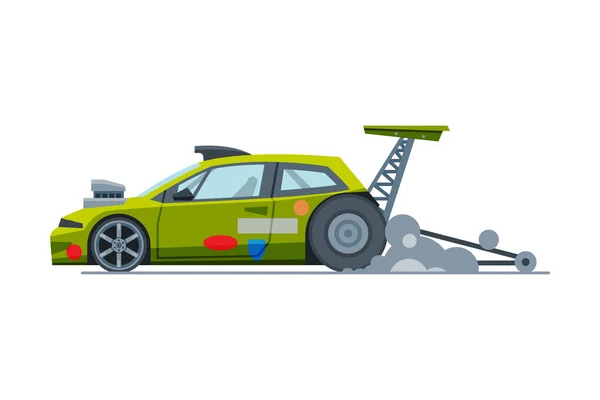 Sport Racing Auto, Zijaanzicht, Snelle Motor Racing Groene Voertuig Vector Illustratie — Stockvector