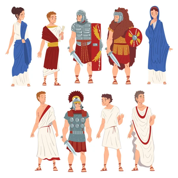 Římští lidé v kolekci tradičních oděvů, starověcí občané Říma a legionáři Charakteristika Vektorové ilustrace — Stockový vektor