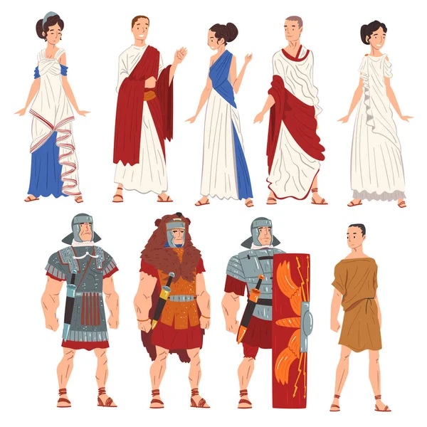 Geleneksel Giysi Koleksiyonundaki Romalı Erkek ve Kadınlar, Antik Roma Vatandaşları ve Lejyonerler Karakter Resimleri — Stok Vektör
