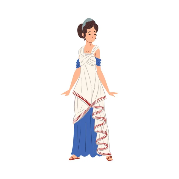 Roman Woman in Traditional Clothes, Ancient Rome Citizen Character in White and Blue Tunic And Sandals Vector Illustration — стоковий вектор