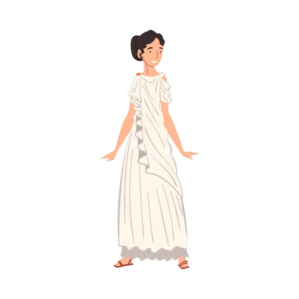 Roman Woman in Traditional Clothes, Ancient Rome Citizen Character in White Tunic And Sandals Vector Illustration — Stock Vector