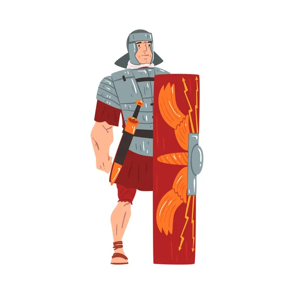 Ancient Rome Warrior, Male Roman Legionnaire Character with Sword and Shield Vector Illustration — Stock Vector