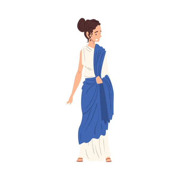 Beautiful Roman Woman in Traditional Clothes, Ancient Rome Citizen Character in White and Blue Tunic And Sandals Vector Illustration — Stock Vector