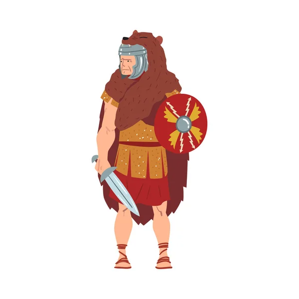 Ancient Rome Warrior, Male Roman Legionnaire or Soldier Character in Bear Skin with Sword and Shield Vector Illustration — Stock Vector