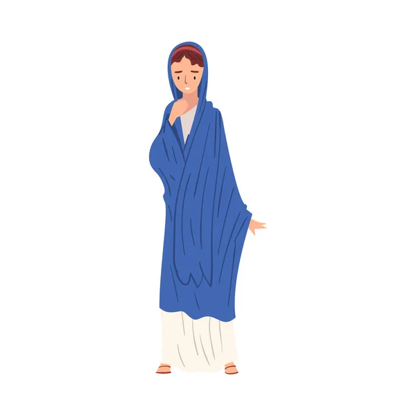 Roman Woman in Traditional Clothes, Ancient Rome Citizen Character in Blue Toga and Sandals Vector Illustration — Stock Vector