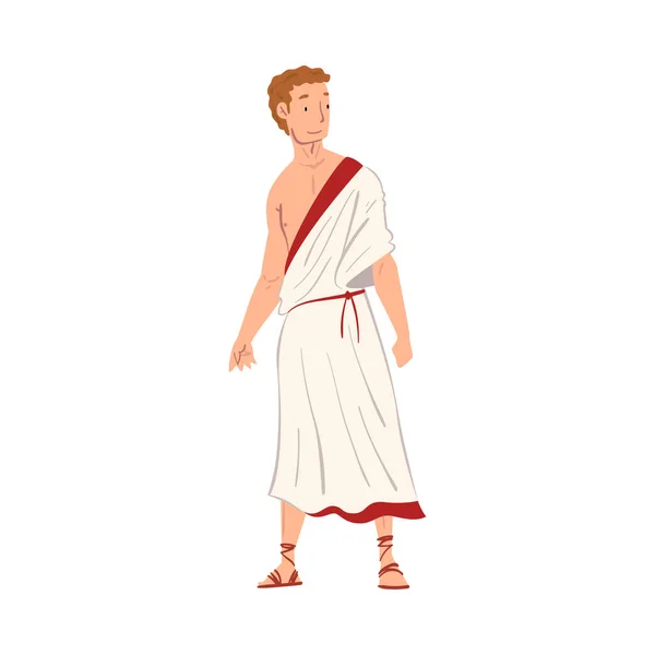 Romerska Man i Traditionella Kläder, Antik Rom Medborgare Karaktär i Vit Tunika Och Sandaler Vektor Illustration — Stock vektor