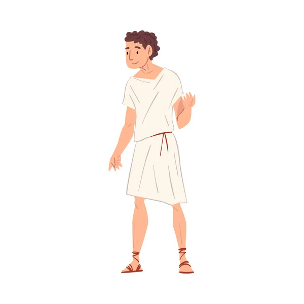 Young Roman Man in Traditional Clothes, Ancient Rome Citizen Character in White Tunic And Sandals Vector Illustration — Stock Vector