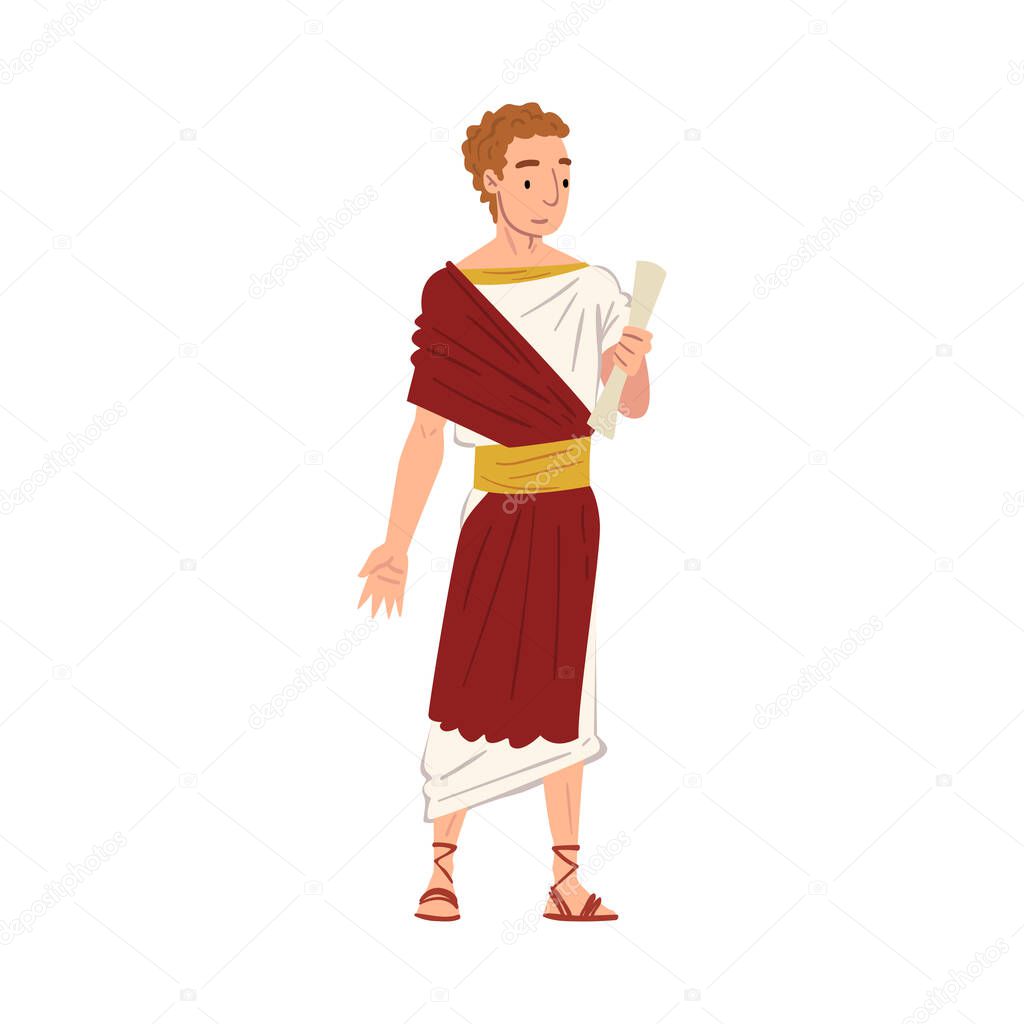Roman Senator in Traditional Clothes, Ancient Rome Citizen Character in White and Red Tunic And Sandals Vector Illustration