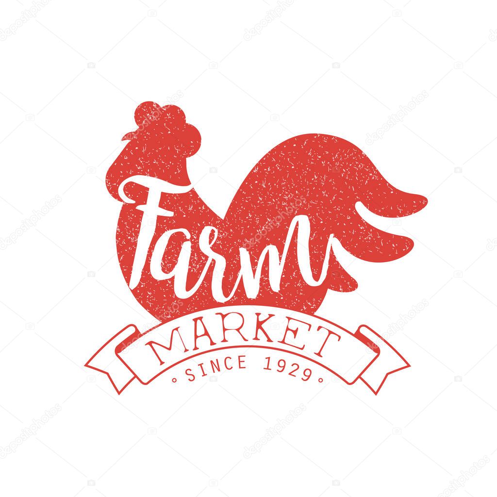 Farm Market Label with Red Rooster Silhouette, Restaurant Menu, Packaging, Meat Store, Butcher Shop Retro Badge Vector Illustration