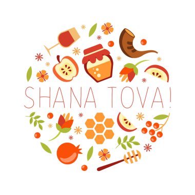 Shana Tova Sancak Şablonu, Geleneksel Yahudi Yeni Yıl Posteri, Kartpostal veya Yuvarlak Şekil Vektör Resimlerinin Sembolleri