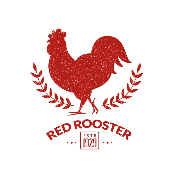鶏のシルエットの赤い鶏のラベル、レストランのメニュー、包装、農場市場、肉屋のレトロバッジベクトルイラスト — ストックベクタ
