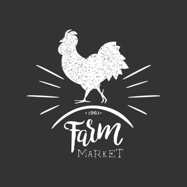 Farm Market Label with Rooster Silhouette, Restaurant Menu, Meat Store, Butcher Shop Retro Badge, Emblem Vector Illustration — Stock Vector