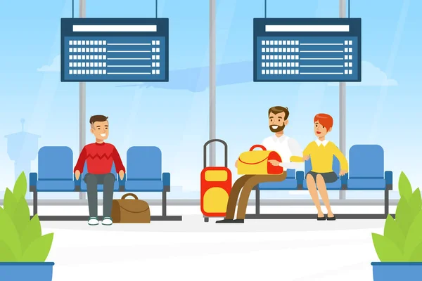 Pasajeros sentados en la terminal del aeropuerto esperando el vuelo, personas que viajan en avión con equipaje Vector Ilustración — Vector de stock