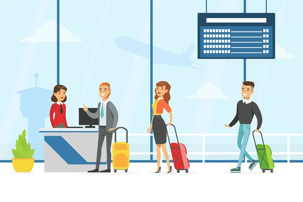 Passageiros em fila com bagagem para se inscrever para voo no aeroporto, pessoas viajando de avião com ilustração de vetor de bagagem — Vetor de Stock