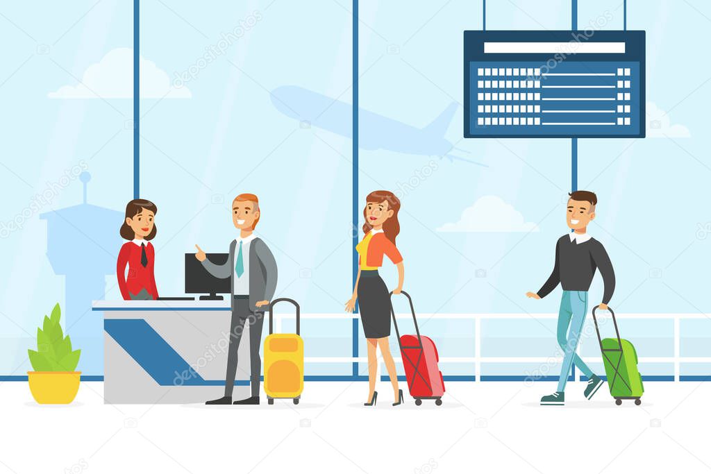 Passengers Standing in Queue with Luggage to Register for Flight in Airport, People Travelling by Plane with Luggage Vector Illustration