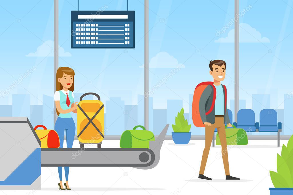 Passengers Picking Up Luggage on Conveyor Belt in Airport Terminal, People Travelling by Plane Vector Illustration