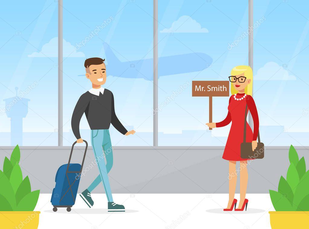 Cheerful Young Woman Standing with Sign Board Meeting for Guest Arrival, Man Travelling by Plane with Luggage Vector Illustration