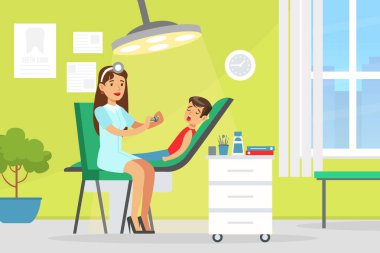 Pediatrik Diş Hekimi Diş Hekimi, Doktor Kadın Çocuğun Tıbbi Muayenesini Yapıyor, Tıbbi Hizmet Vektör İllüstrasyonu