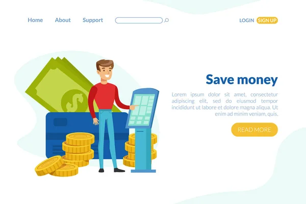 Para İniş Şablonunu Kaydet, Yatırım, Mali Danışmanlık Hizmetleri Anasayfası, Web Sitesi, Mobil Uygulama Tasarım Vektörü İlülasyonunu Kaydet — Stok Vektör