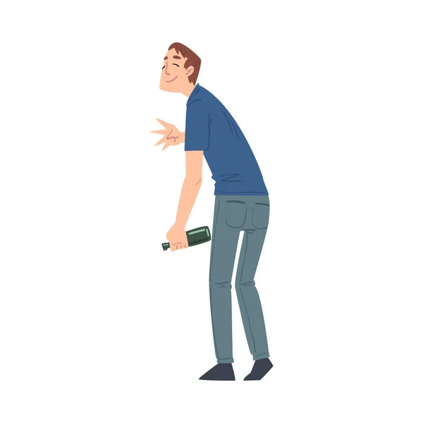 Fylld Man med alkohol Dricka Flaska i sina händer, Drunkenness, Bad Habit Concept Cartoon Style Vector Illustration — Stock vektor