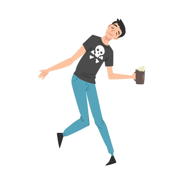 Boozy Drunk Man Walking Tipsy Screed with Beer Mug in his Hands, Drunkenness, Bad Habit Concept Cartoon Style Illustration (engelsk). – stockvektor