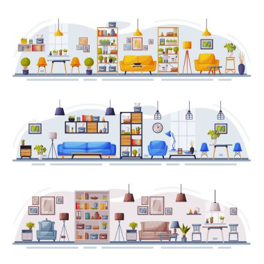 Oturma odası İçişleri Koleksiyonu, Mobilyalı Modern Apartmanlar ve Ev Dekorasyonu Vektör İllüstrasyonu