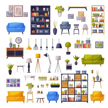 Comfy Furniture and Home Decor Collection, Cozy Modern Home Apartment Interior Design Vector Illustration clipart