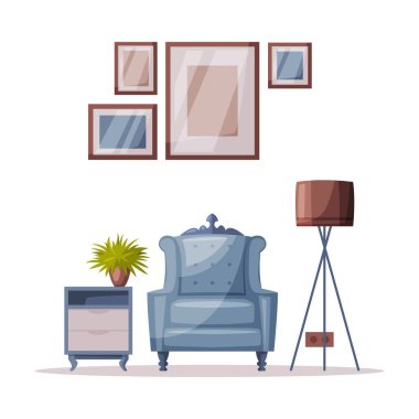 Konforlu Mobilya ve Ev Dekorasyon Aksesuarları Vektör İllüstrasyonlu Modern Konforlu Oda İç Tasarımı