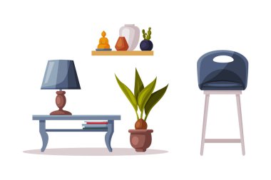 Konforlu Ev, Konforlu Mobilya ve Ev Dekorasyon Aksesuarları Beyaz Arkaplanda Vektör İllüstrasyonu