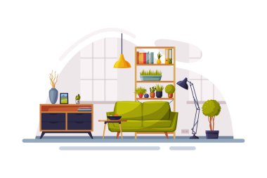Modern Room Interior Design, Cozy Apartments with Comfy Furniture and Home Decor, Wooden Bookcase, Stand and Sofa in front of Window Vector Illustration clipart