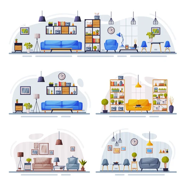 Modern Living Room Interiors Design Collection, Trendy Apartments with Comfy Furniture and Home Decor Vector Illustration (dalam bahasa Inggris) - Stok Vektor