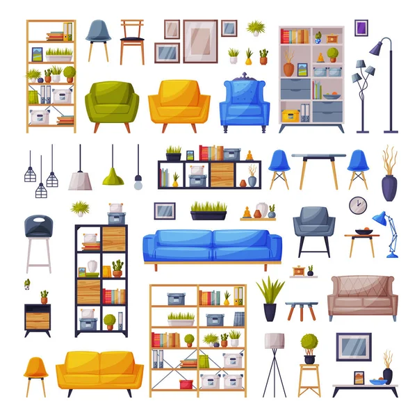 Moden Comfy Furgeples and Home Decor Collection, Cosy Trendy Apartment Interior Design Vector Illustration — 스톡 벡터