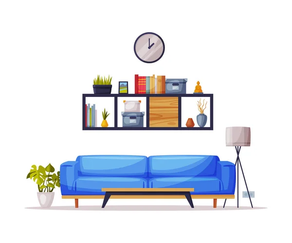 Progettazione interna accogliente moderna della stanza, sofà blu, mobilia comoda della libreria e illustrazione vettoriale degli accessori della decorazione domestica — Vettoriale Stock