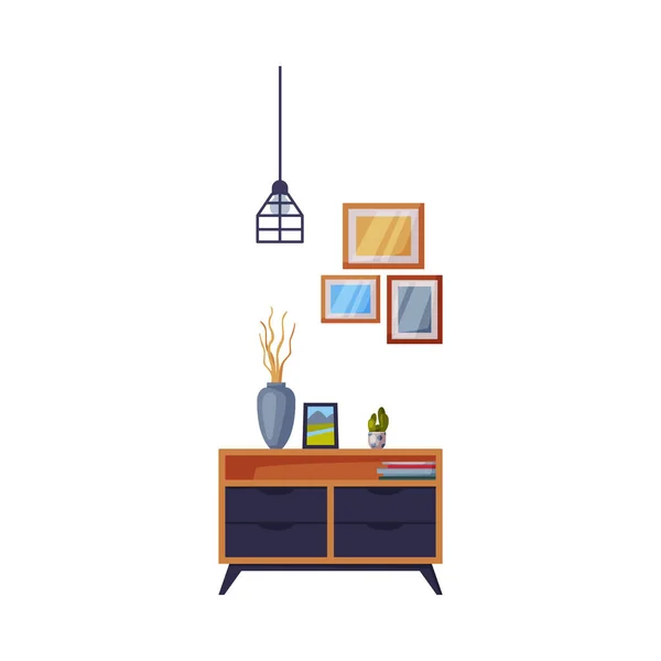 Houten ladekast, stoeprand, knusse kamer interieur, comfortabele meubels en Home Decoratie Accessoires Vector Illustratie — Stockvector