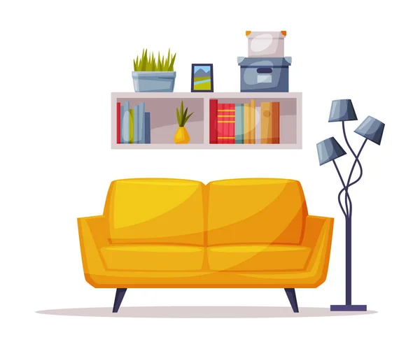 Progettazione interna accogliente moderna della stanza, sofà, libreria e lampada illustrazione comoda del vettore della mobilia isolata su sfondo bianco — Vettoriale Stock