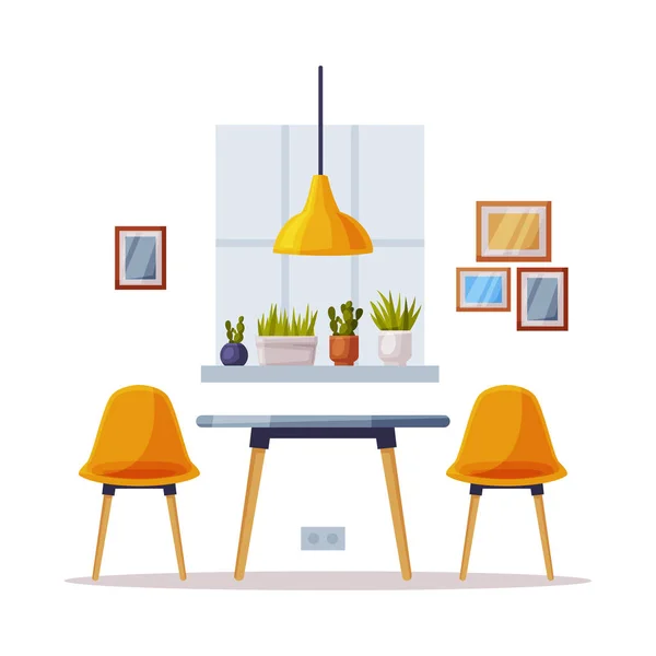 Moderní útulný pokoj design interiéru, pohodlné židle a stůl, pohodlný nábytek a bytové dekorace příslušenství vektorové ilustrace — Stockový vektor