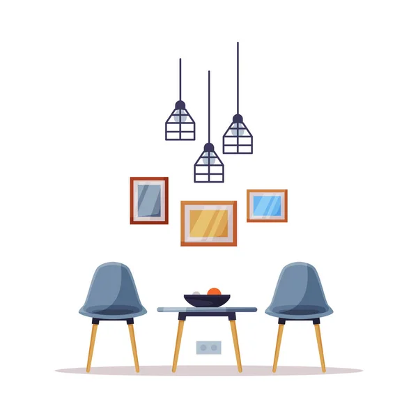 Quarto aconchegante moderno Design de interiores, cadeiras e mesa de café Mobília confortável e acessórios para decoração de casa Ilustração do vetor — Vetor de Stock