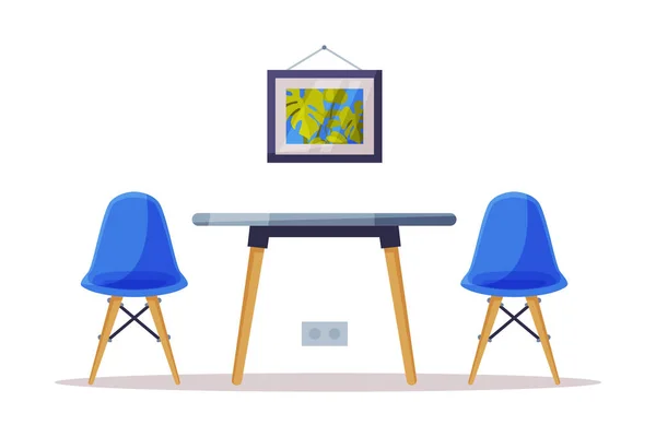 Progettazione moderna dell'interno della stanza, sedie e tabella comode, mobilia comoda e illustrazione vettoriale degli accessori della decorazione domestica — Vettoriale Stock