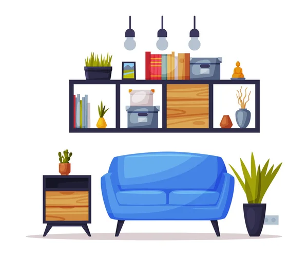 Cozy Room, Comfy Furniture and Home Decoration Accessories in Trendy Style Vector Illustration on White Background - Stok Vektor