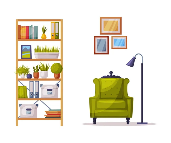 Современный уютный интерьер комнаты, книжный шкаф, удобное зеленое кресло, удобная мебель и аксессуары для украшения дома векторная иллюстрация — стоковый вектор