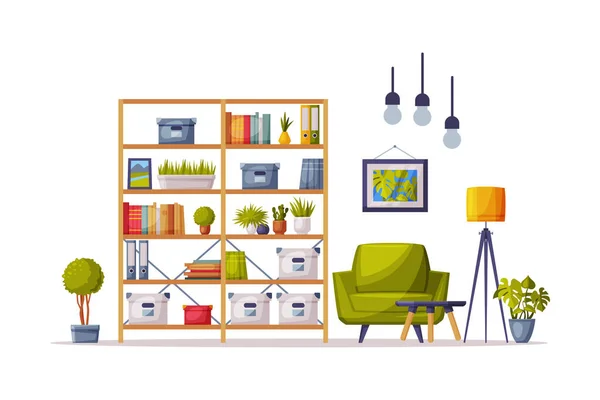 Дизайн інтер'єру затишної кімнати з книжковою шафою, зручним зеленим кріслом та аксесуарами для прикрас будинку Векторна ілюстрація — стоковий вектор