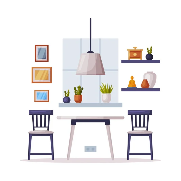 Moderno accogliente cucina Interior Design, sedie e tavolino Mobili comodi e accessori per la decorazione domestica Vector Illustrazione — Vettoriale Stock