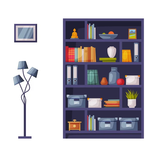 Wooden Bookcase and Lamp, Cozy Room Interior Design, Comfy Furniture and Home Decoration Accessories Vector Illustration — стоковий вектор