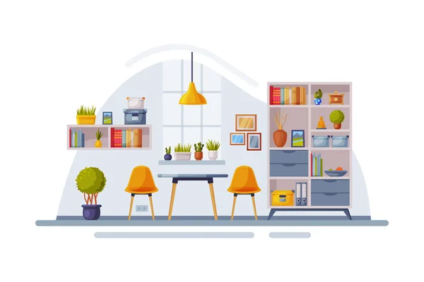 Moderní pokoj design interiéru, útulné apartmány s pohodlným nábytkem a domácí dekor s knihovnou, stůl a židle Vektorové ilustrace — Stockový vektor