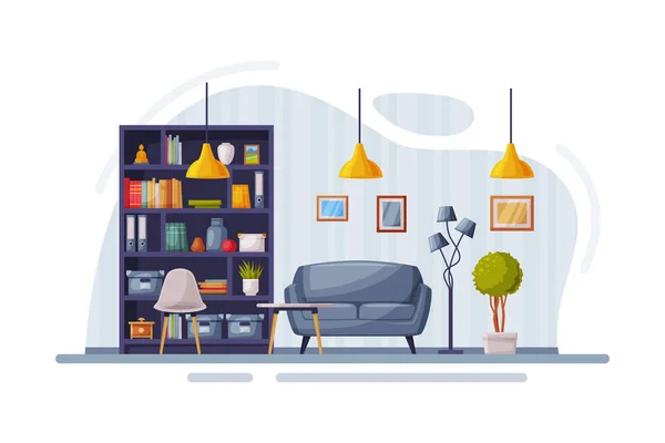 Design d'intérieur moderne, appartements confortables avec mobilier confortable et décoration intérieure, bibliothèque, canapé et lampes Illustration vectorielle — Image vectorielle