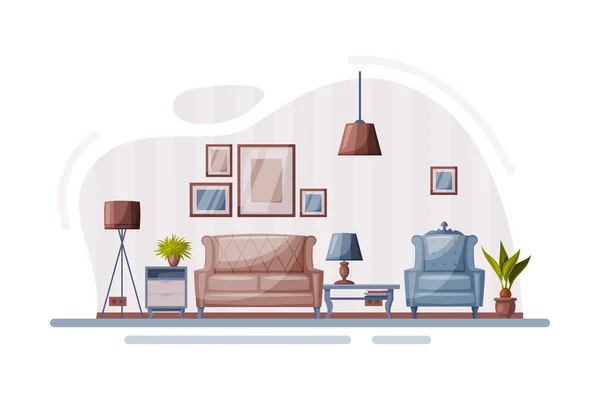 Современный дизайн интерьера номеров, уютные апартаменты с удобной мебелью и домашним декором в модном стиле, диван, кресло, векторная иллюстрация кофейного столика — стоковый вектор