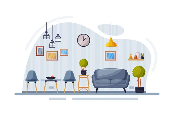 Moderní pokoj design interiéru, útulné apartmány s pohodlným nábytkem a domácí výzdoba, pohovka, židle a konferenční stolek Vektorové ilustrace — Stockový vektor